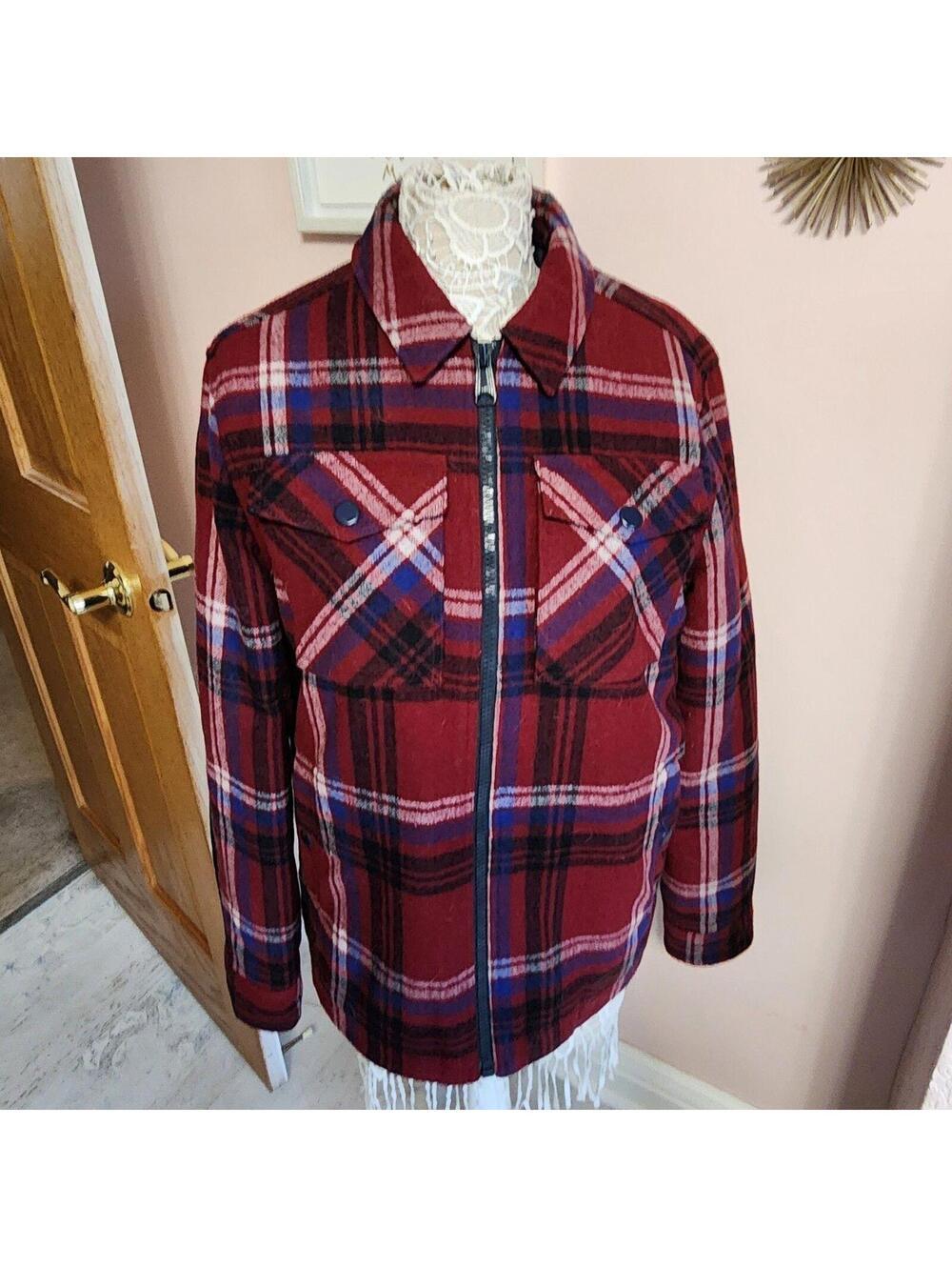 Tommy Hilfiger Red Plaid Wool Blend Jacket Coat Quilted Lined Shacket Size M